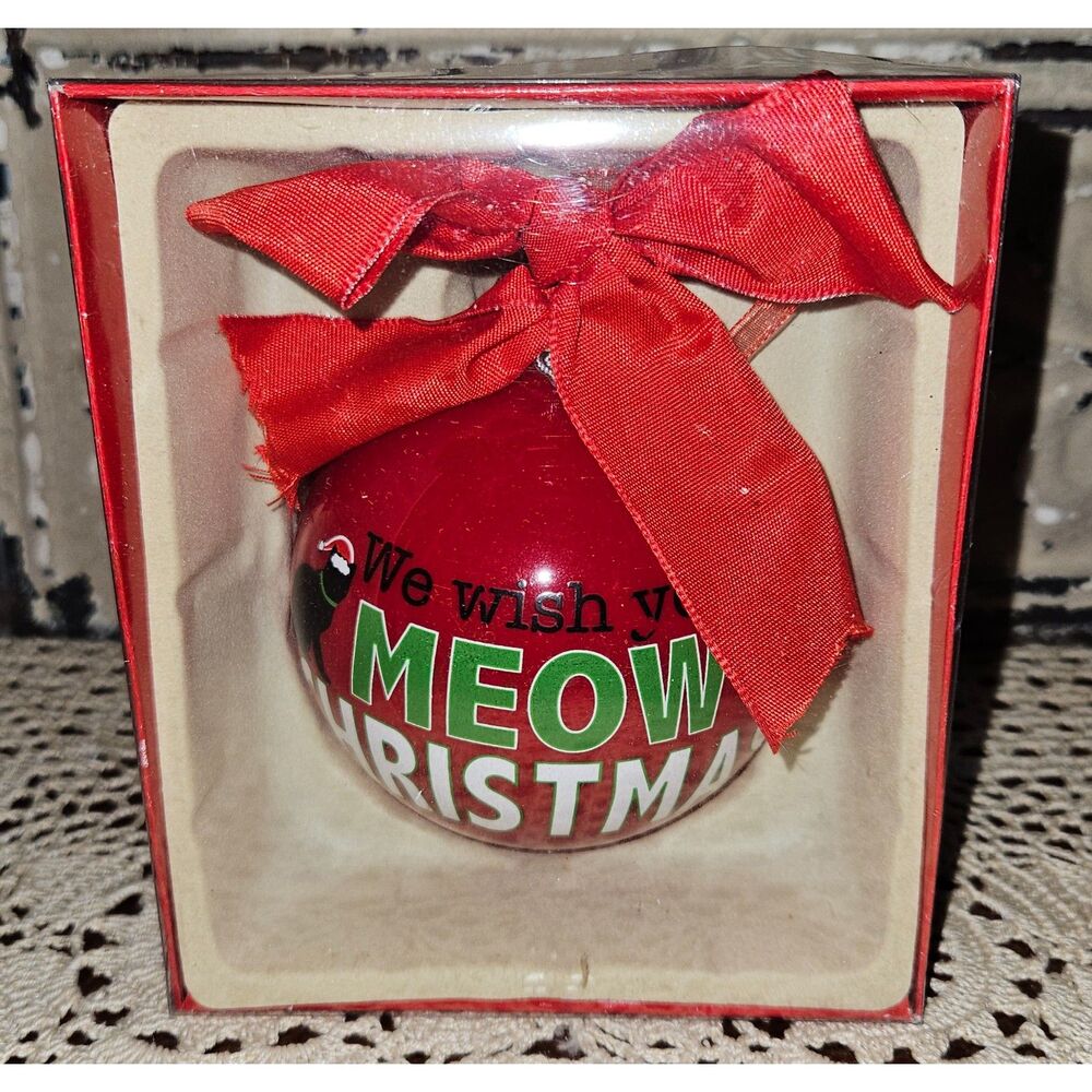 NIB Red Christmas Tree Bulb Cat Lover Ornament "Meowy Christmas"